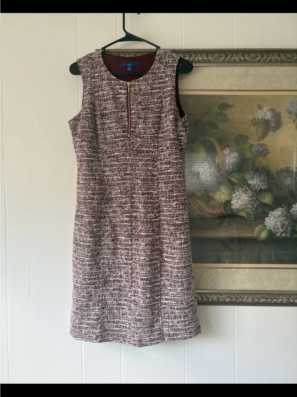 Apt. 9 Maroon and Cream Sleeveless Tweed Midi Dress with Front Zip